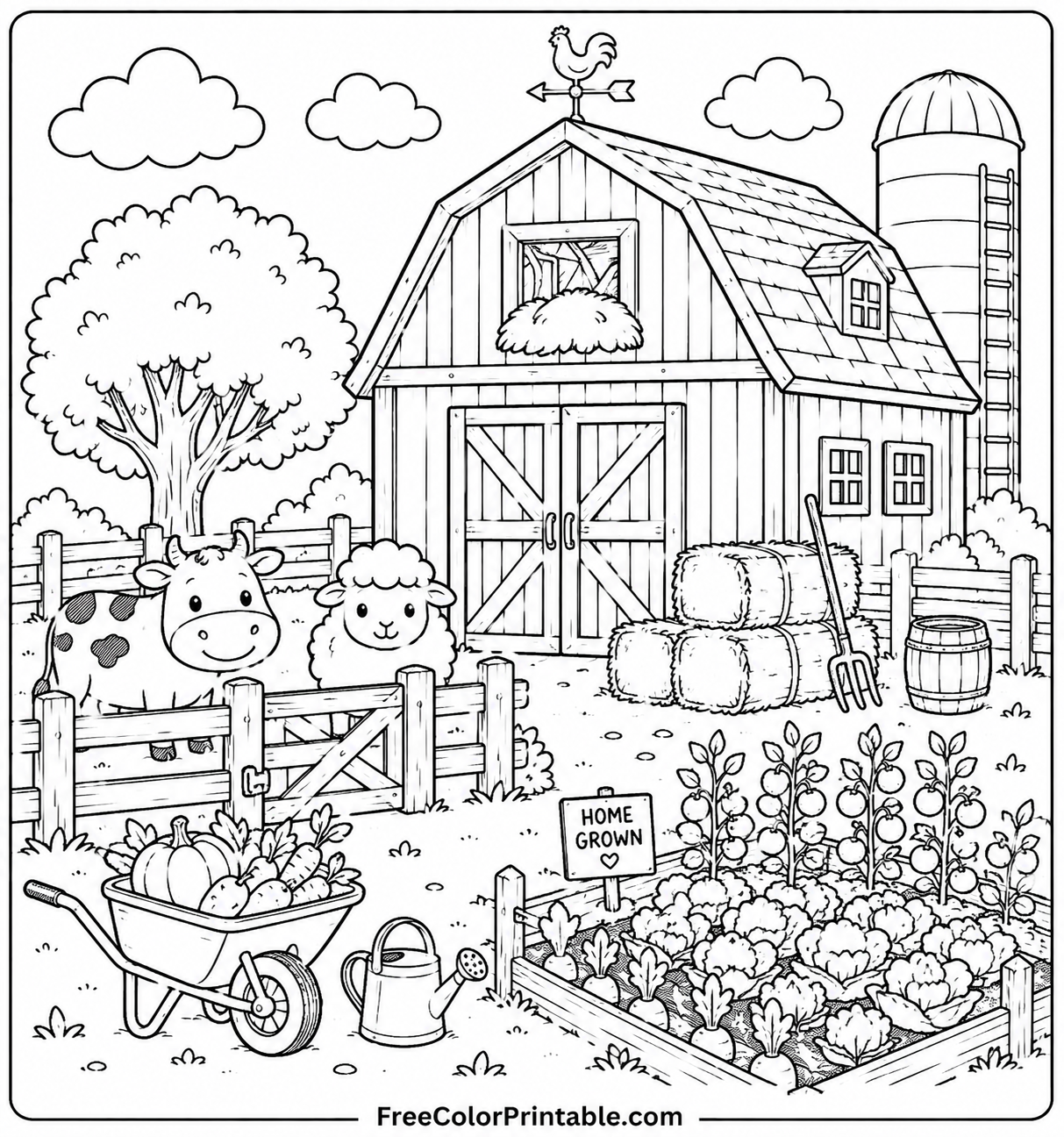 Farmyard coloring page with animals Coloring Page — Free Printable — free printable coloring page